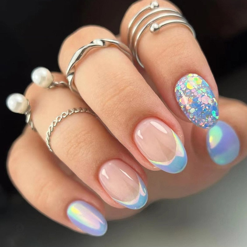 24pcs false nails with almond head French artificial nails with glue Long Paragraph Manicure full cover Stiletto press on nails