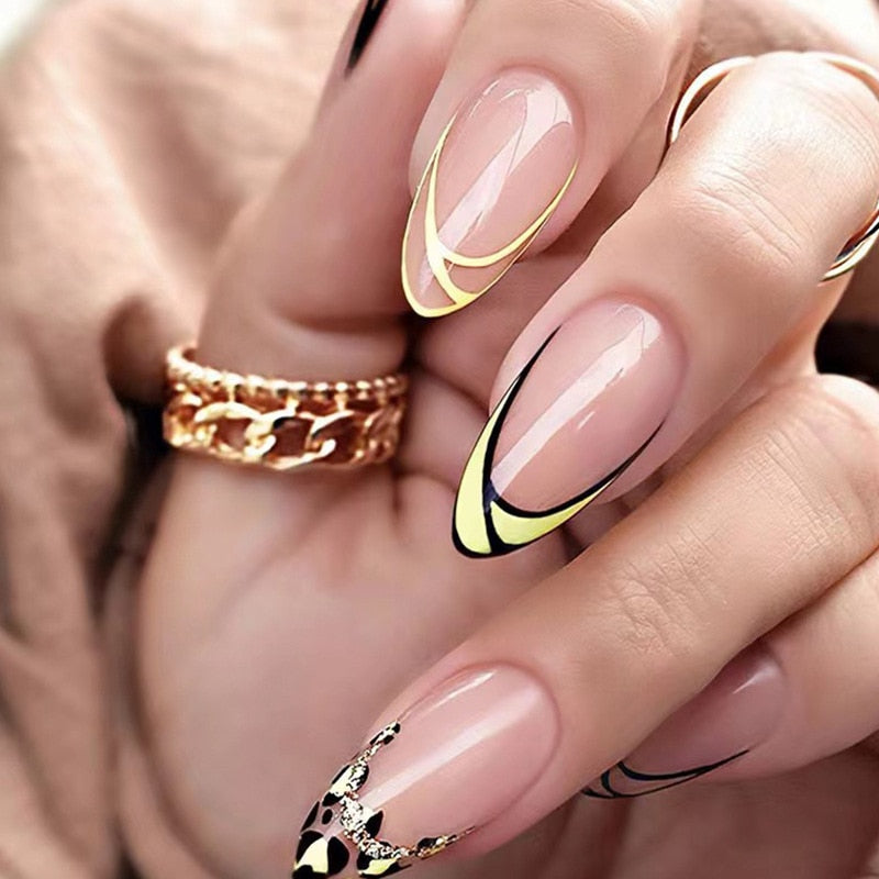 24pcs false nails with almond head French artificial nails with glue Long Paragraph Manicure full cover Stiletto press on nails