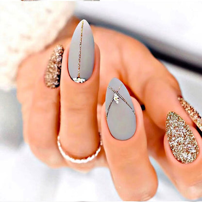 24pcs false nails with almond head French artificial nails with glue Long Paragraph Manicure full cover Stiletto press on nails