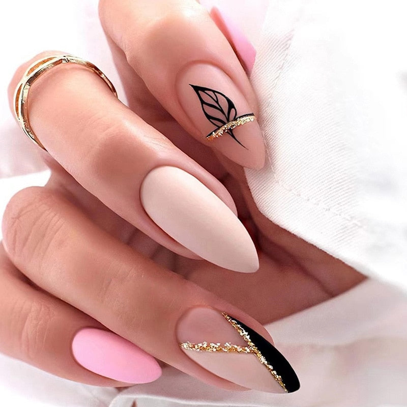 24pcs false nails with almond head French artificial nails with glue Long Paragraph Manicure full cover Stiletto press on nails