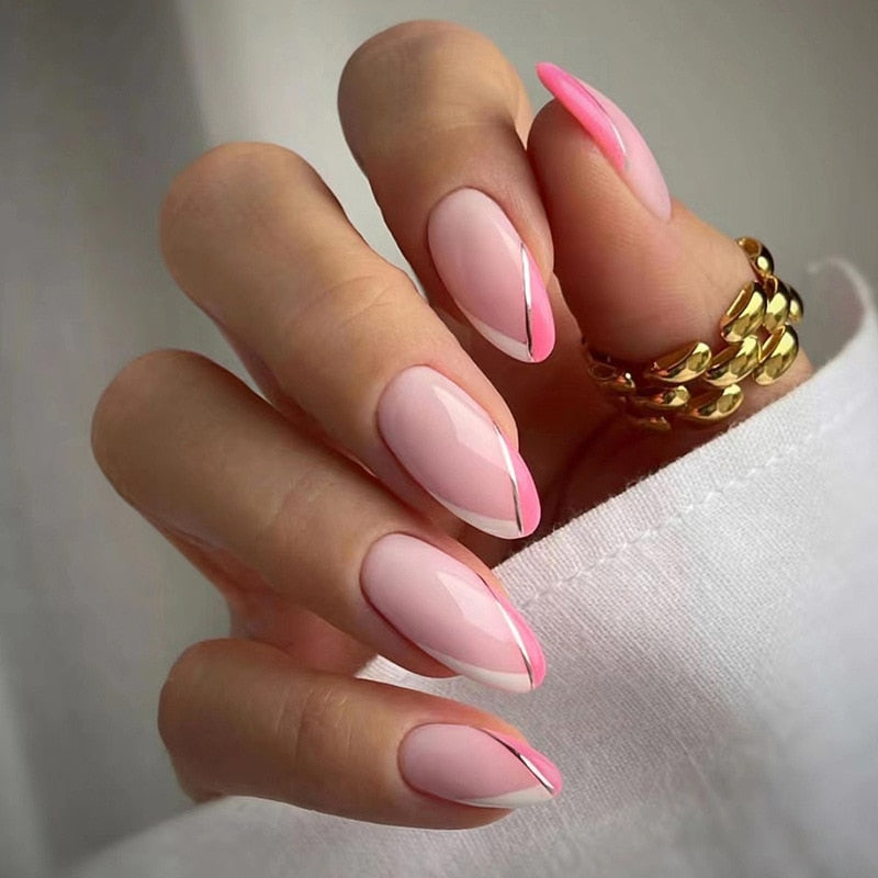24pcs false nails with almond head French artificial nails with glue Long Paragraph Manicure full cover Stiletto press on nails