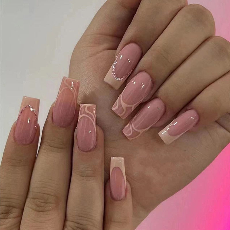 24pcs removeable false nails with glue Ballet nails with designs Gradient Shinny brown press on nails coffin glitter fake nails