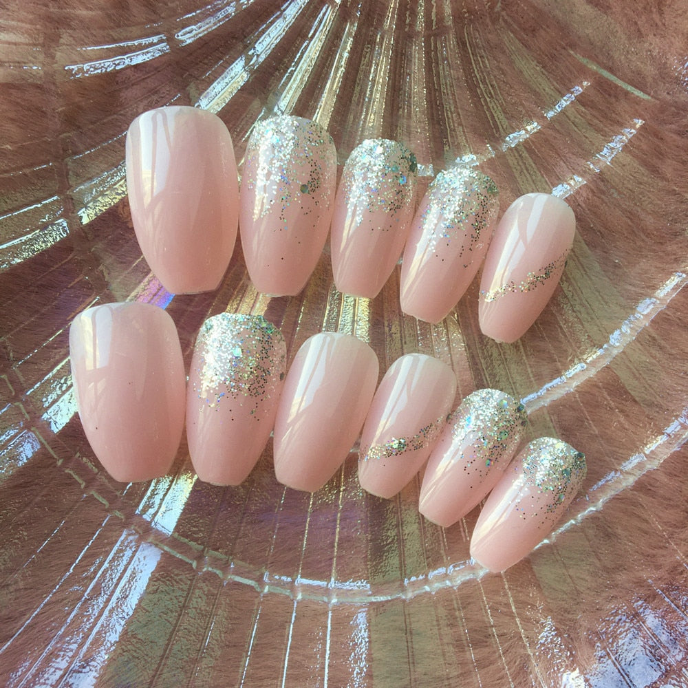 24pcs removeable false nails with glue Ballet nails with designs Gradient Shinny brown press on nails coffin glitter fake nails
