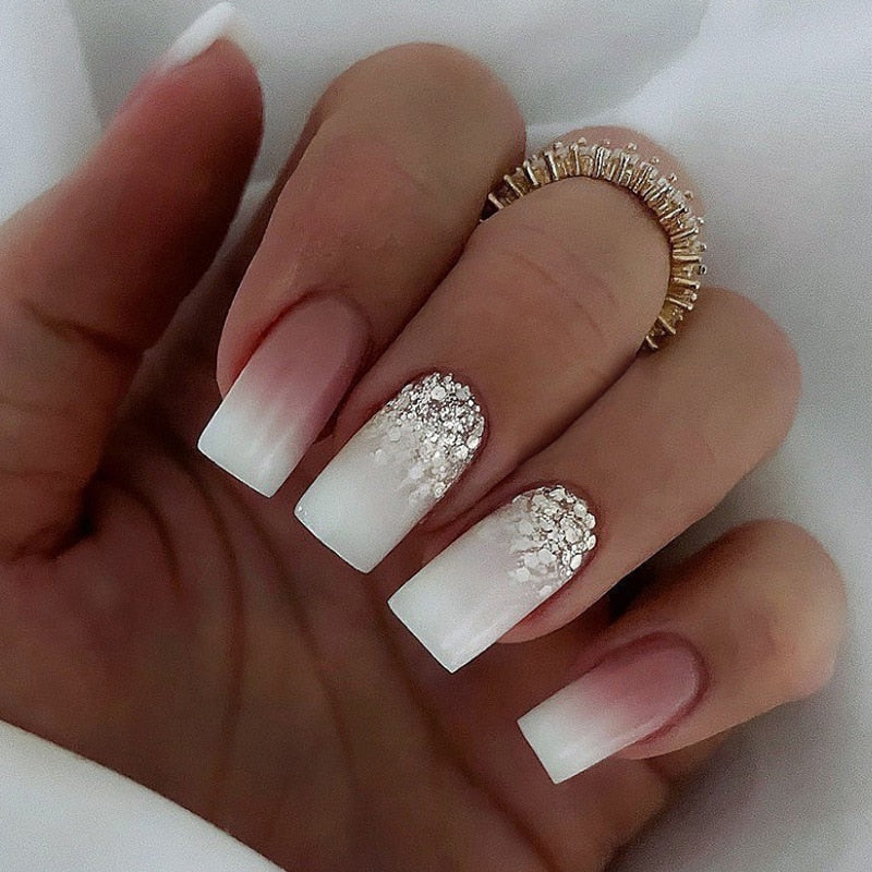24pcs removeable false nails with glue Ballet nails with designs Gradient Shinny brown press on nails coffin glitter fake nails