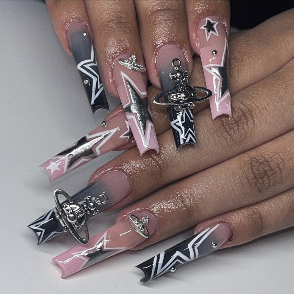 24pcs removeable false nails with glue Ballet nails with designs Gradient Shinny brown press on nails coffin glitter fake nails