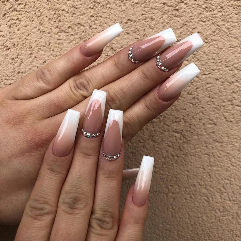 24pcs removeable false nails with glue Ballet nails with designs Gradient Shinny brown press on nails coffin glitter fake nails