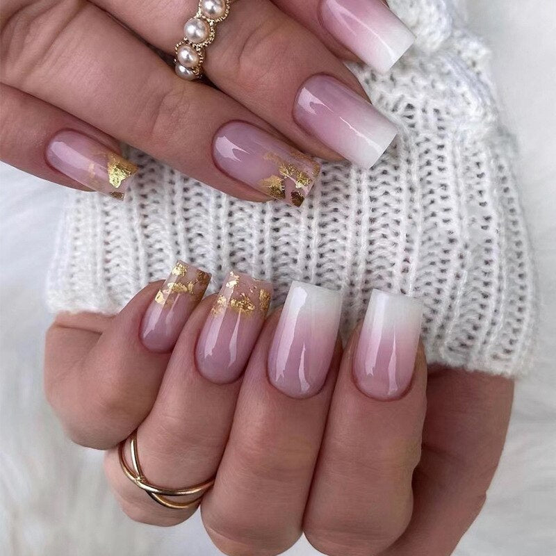 24pcs removeable false nails with glue Ballet nails with designs Gradient Shinny brown press on nails coffin glitter fake nails