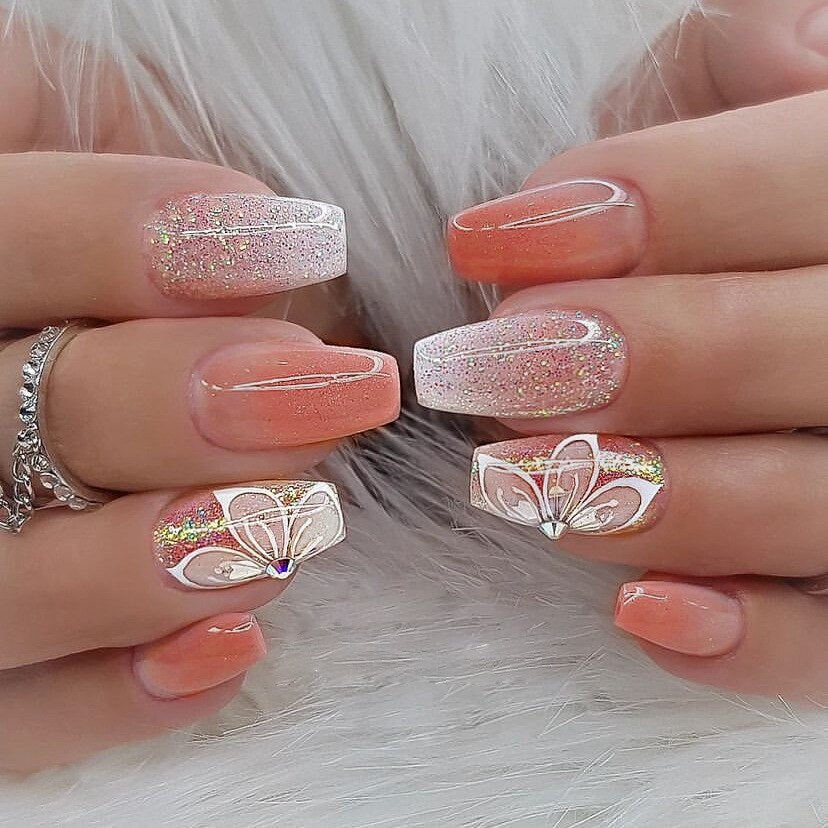 24pcs removeable false nails with glue Ballet nails with designs Gradient Shinny brown press on nails coffin glitter fake nails
