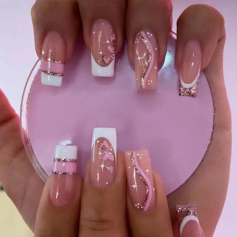 24pcs removeable false nails with glue Ballet nails with designs Gradient Shinny brown press on nails coffin glitter fake nails