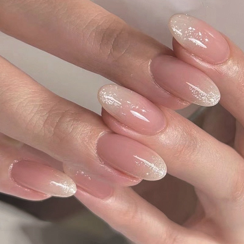 24pcs removeable false nails with glue Ballet nails with designs Gradient Shinny brown press on nails coffin glitter fake nails