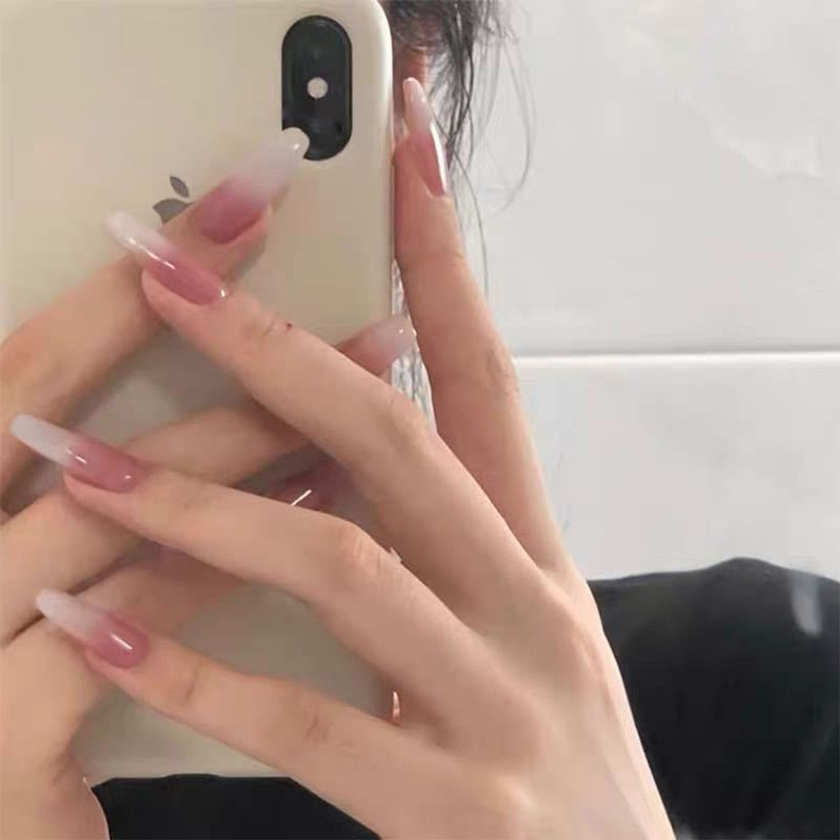 24pcs removeable false nails with glue Ballet nails with designs Gradient Shinny brown press on nails coffin glitter fake nails