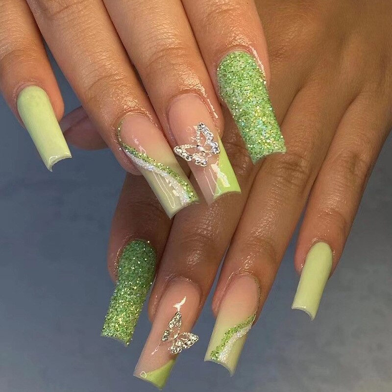 24pcs removeable false nails with glue Ballet nails with designs Gradient Shinny brown press on nails coffin glitter fake nails