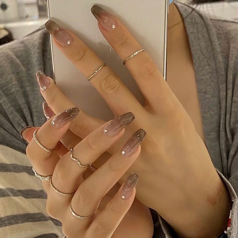 24pcs removeable false nails with glue Ballet nails with designs Gradient Shinny brown press on nails coffin glitter fake nails