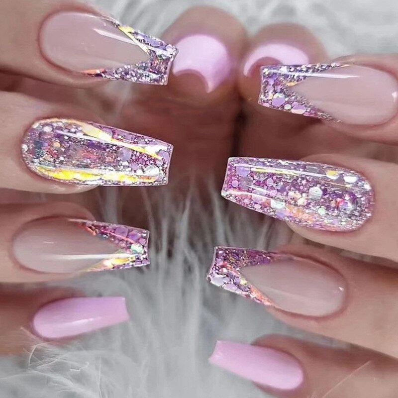 24pcs removeable false nails with glue Ballet nails with designs Gradient Shinny brown press on nails coffin glitter fake nails