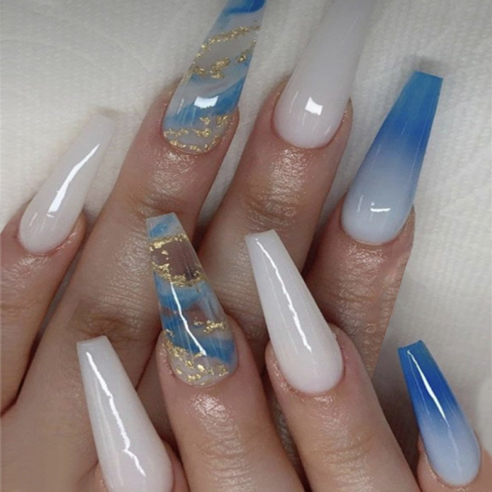 24pcs removeable false nails with glue Ballet nails with designs Gradient Shinny brown press on nails coffin glitter fake nails