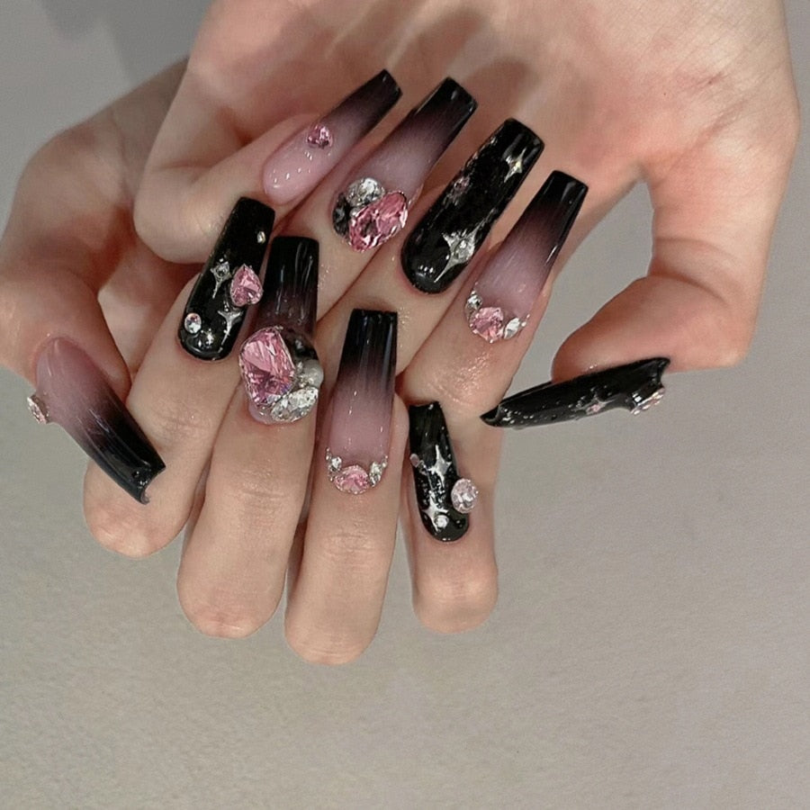 24pcs removeable false nails with glue Ballet nails with designs Gradient Shinny brown press on nails coffin glitter fake nails