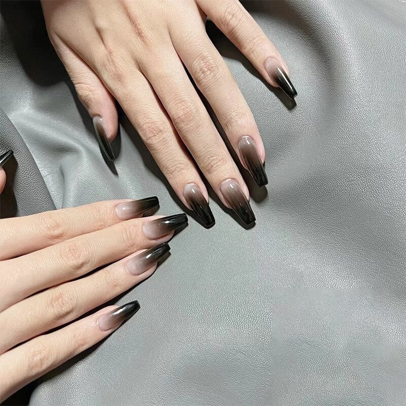 24pcs removeable false nails with glue Ballet nails with designs Gradient Shinny brown press on nails coffin glitter fake nails