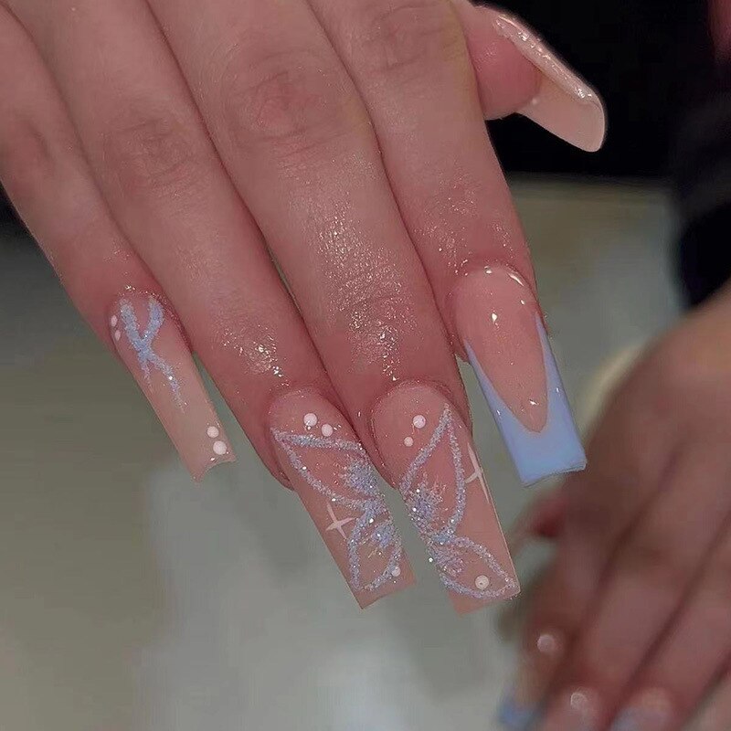 24pcs removeable false nails with glue Ballet nails with designs Gradient Shinny brown press on nails coffin glitter fake nails