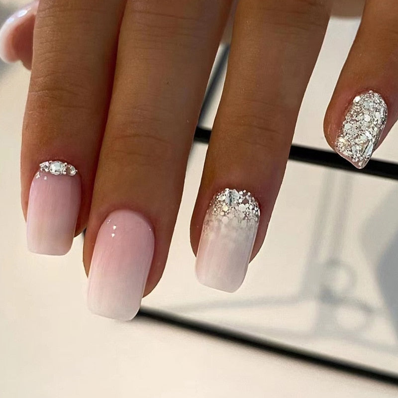 24pcs removeable false nails with glue Ballet nails with designs Gradient Shinny brown press on nails coffin glitter fake nails