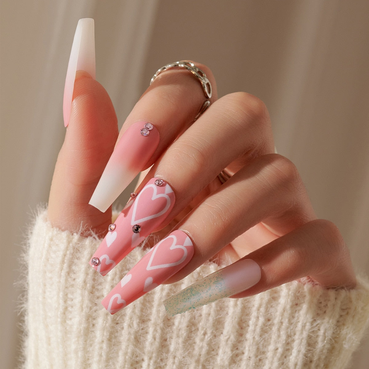 24pcs removeable false nails with glue Ballet nails with designs Gradient Shinny brown press on nails coffin glitter fake nails