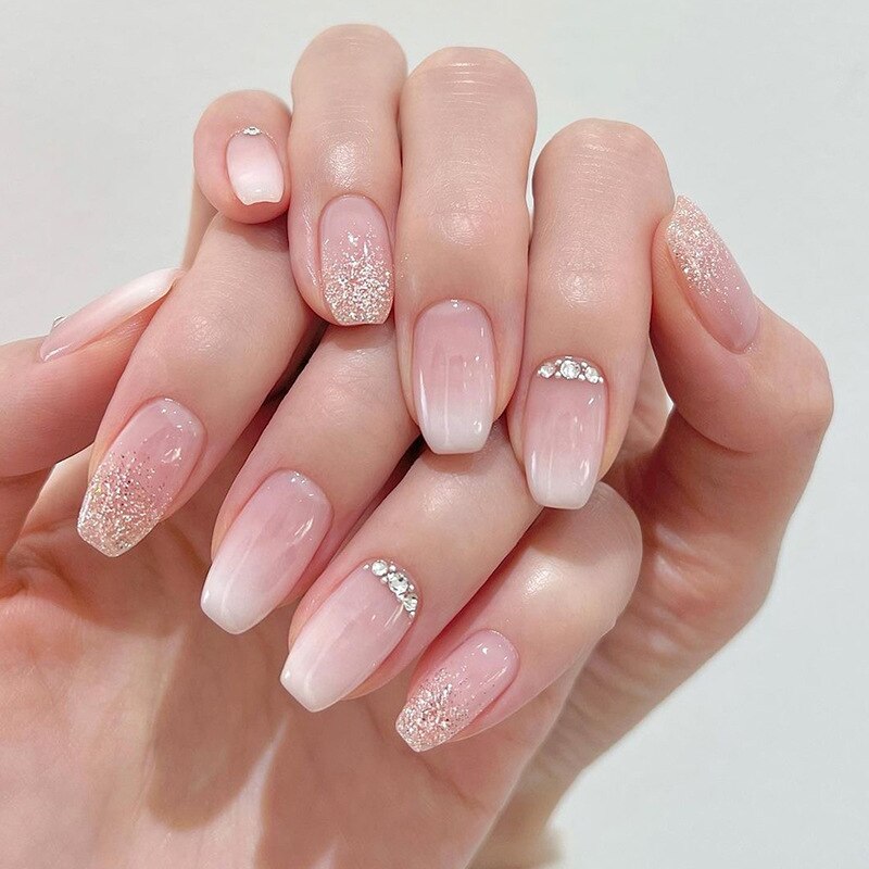 24pcs removeable false nails with glue Ballet nails with designs Gradient Shinny brown press on nails coffin glitter fake nails