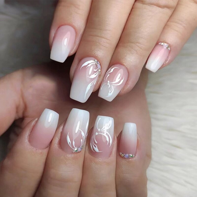 24pcs removeable false nails with glue Ballet nails with designs Gradient Shinny brown press on nails coffin glitter fake nails