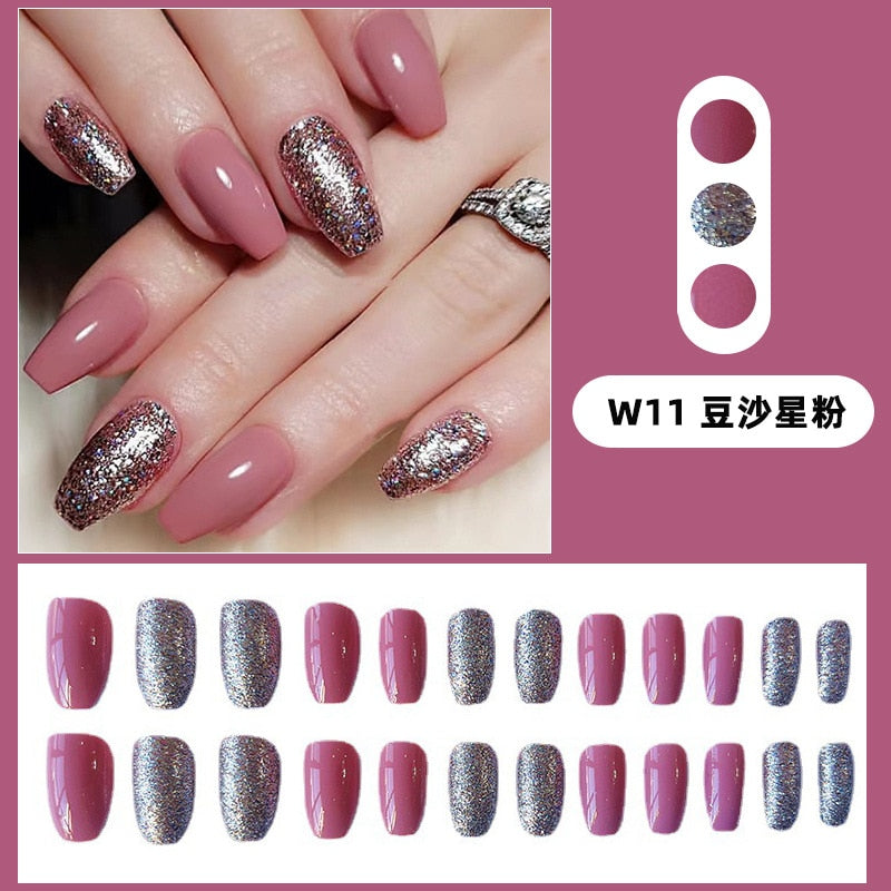 24pcs removeable false nails with glue Ballet nails with designs Gradient Shinny brown press on nails coffin glitter fake nails
