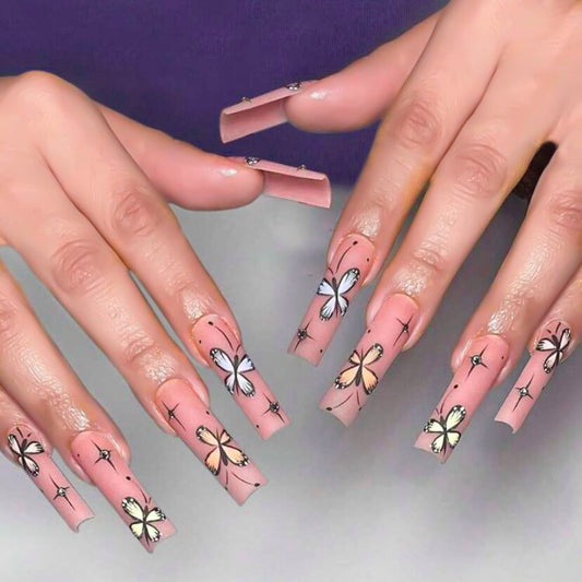 24pcs removeable false nails with glue Ballet nails with designs Gradient Shinny brown press on nails coffin glitter fake nails