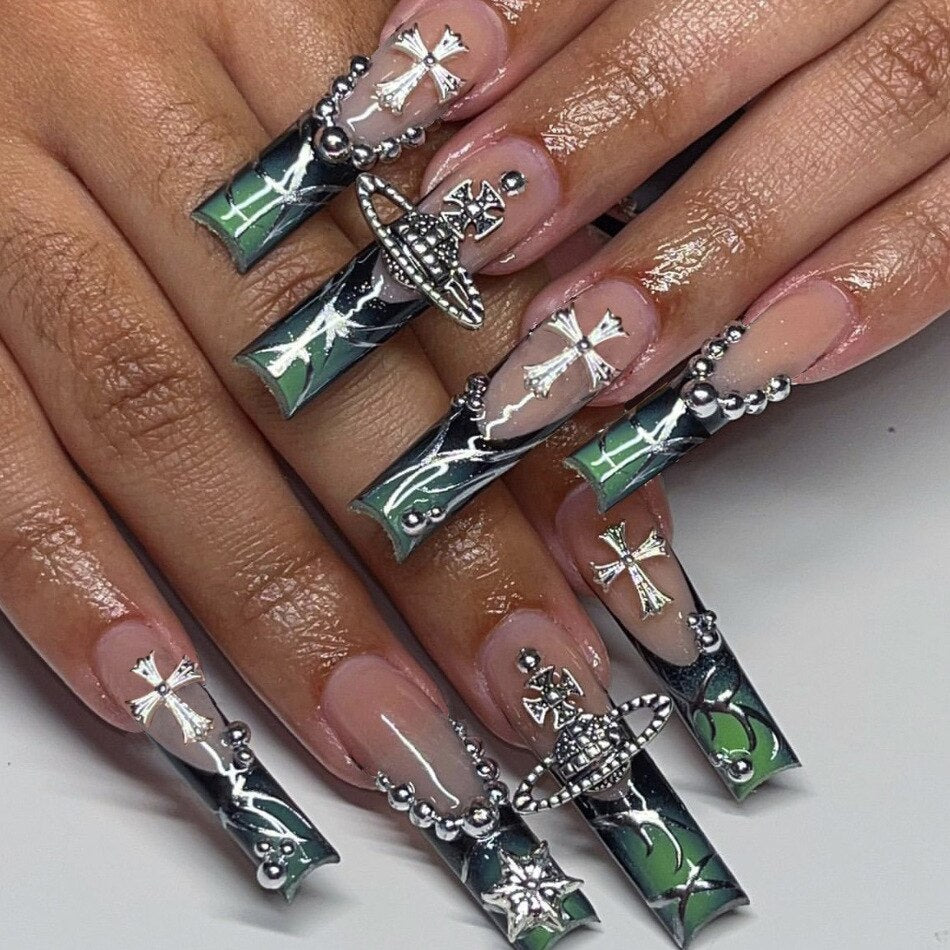 24pcs removeable false nails with glue Ballet nails with designs Gradient Shinny brown press on nails coffin glitter fake nails
