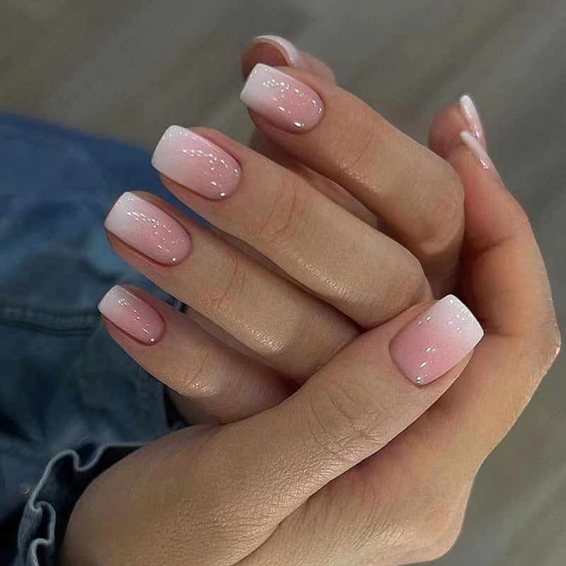 24pcs removeable false nails with glue Ballet nails with designs Gradient Shinny brown press on nails coffin glitter fake nails
