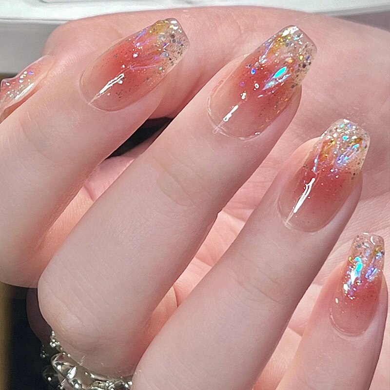 24pcs removeable false nails with glue Ballet nails with designs Gradient Shinny brown press on nails coffin glitter fake nails