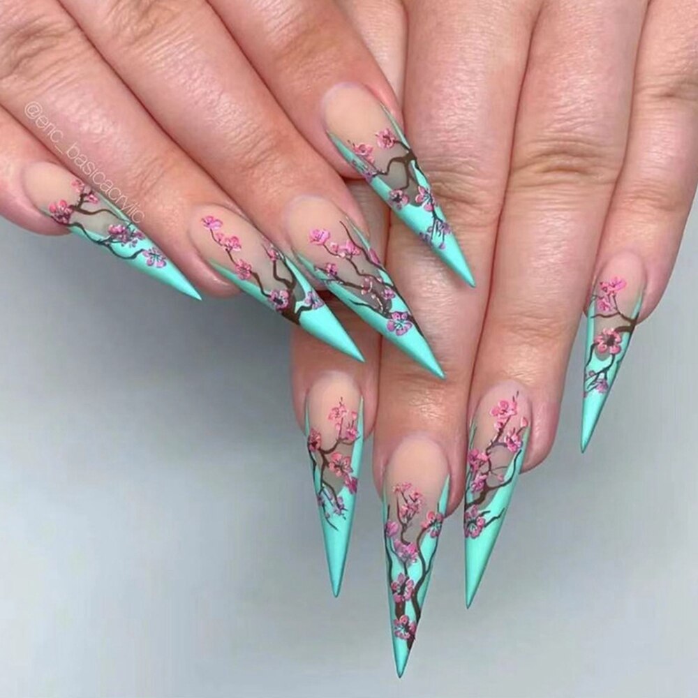 24pcs/set Long Stiletto Fake Nails Punk Snake Pattern Black White Matte False Nails Artificial Full Nail Tips Manicure Tools
