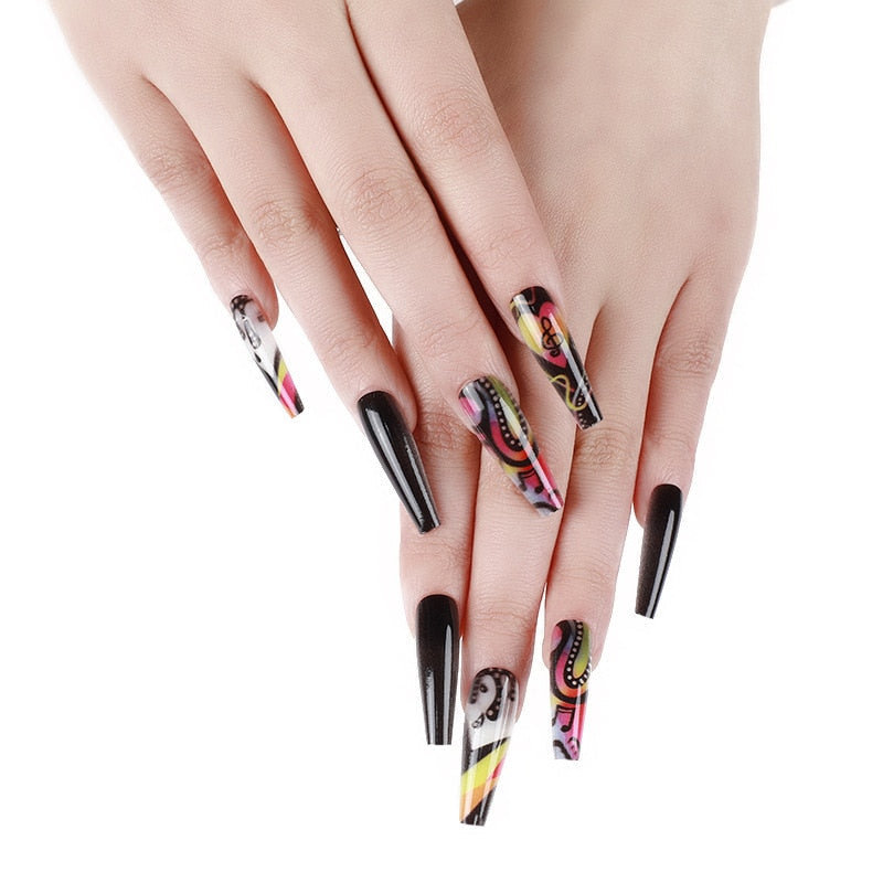 3D Fake nails set press on faux ongles capsule tips DIY manicure supplies Colorful sheet music designs long false acrylic nails