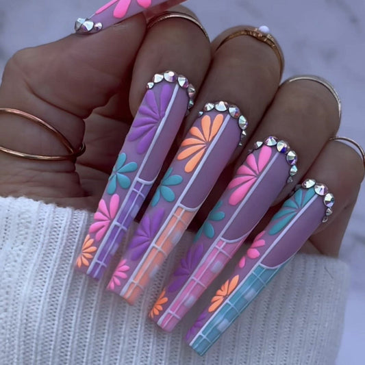 3D fake nails set accessories colorful flowers long french coffin wearing tips faux ongles press on acrylic false nail supplies