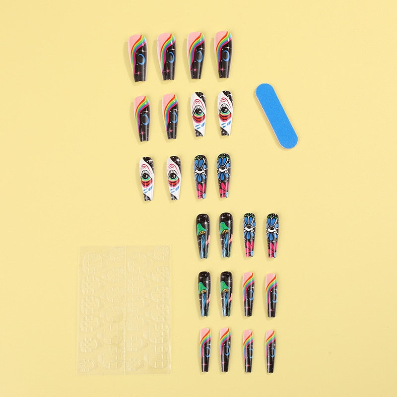 3D fake nails set press on faux ongles long french coffin tips Star Celestial Eye designs DIY manicure accessories false nails