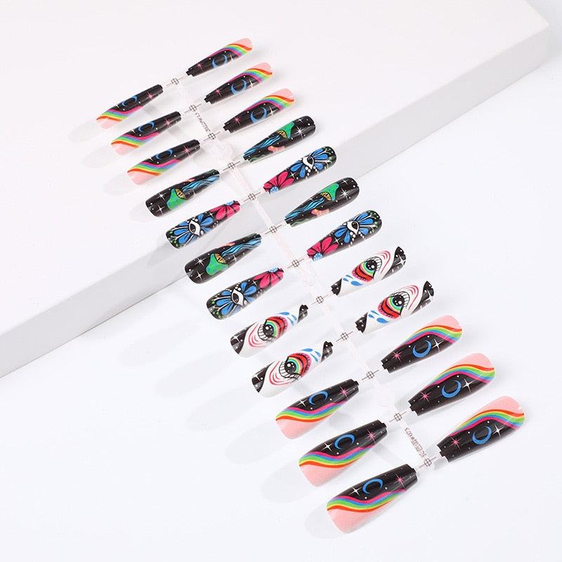 3D fake nails set press on faux ongles long french coffin tips Star Celestial Eye designs DIY manicure accessories false nails