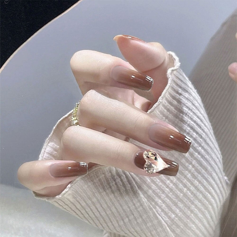 Autumn French False Nails with Butterfly Pearl Decor Bride Fake Nail Wearable Press on Nails Coffin Ballet Nail Tips for Girls