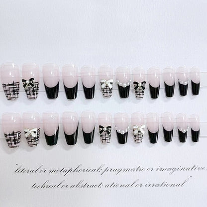Autumn French False Nails with Butterfly Pearl Decor Bride Fake Nail Wearable Press on Nails Coffin Ballet Nail Tips for Girls