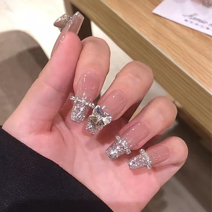Autumn French False Nails with Butterfly Pearl Decor Bride Fake Nail Wearable Press on Nails Coffin Ballet Nail Tips for Girls
