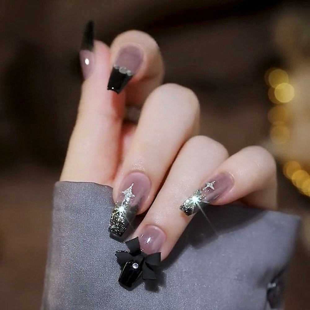 Autumn French False Nails with Butterfly Pearl Decor Bride Fake Nail Wearable Press on Nails Coffin Ballet Nail Tips for Girls