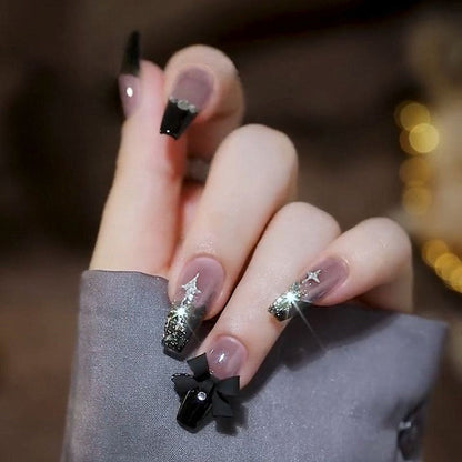 Autumn French False Nails with Butterfly Pearl Decor Bride Fake Nail Wearable Press on Nails Coffin Ballet Nail Tips for Girls