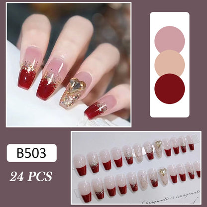 Autumn French False Nails with Butterfly Pearl Decor Bride Fake Nail Wearable Press on Nails Coffin Ballet Nail Tips for Girls