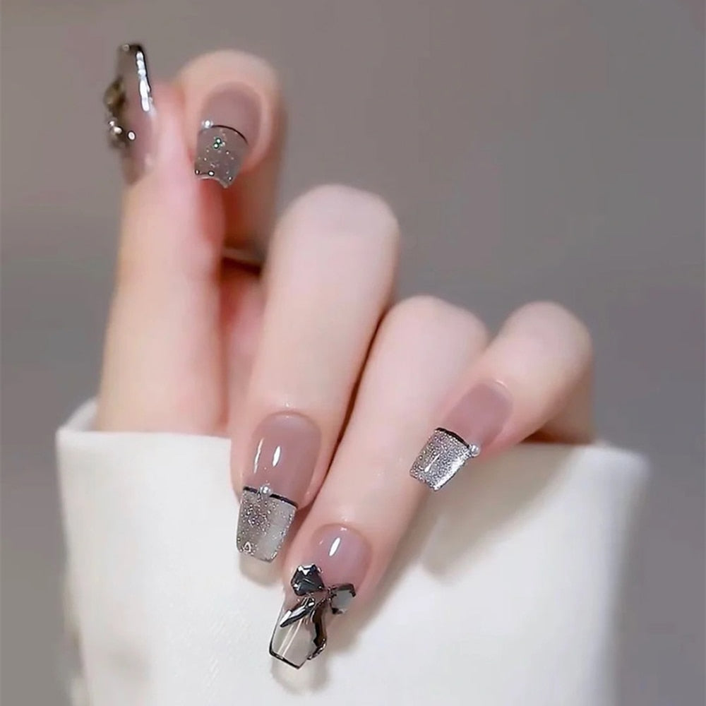Autumn French False Nails with Butterfly Pearl Decor Bride Fake Nail Wearable Press on Nails Coffin Ballet Nail Tips for Girls
