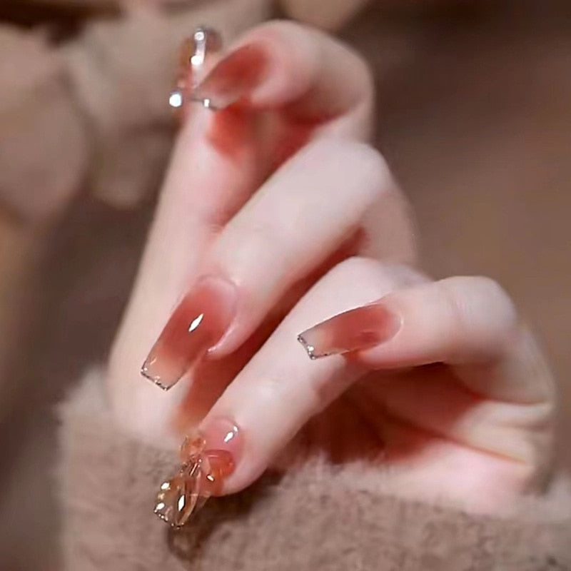 Autumn French False Nails with Butterfly Pearl Decor Bride Fake Nail Wearable Press on Nails Coffin Ballet Nail Tips for Girls