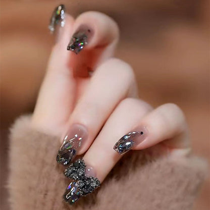 Autumn French False Nails with Butterfly Pearl Decor Bride Fake Nail Wearable Press on Nails Coffin Ballet Nail Tips for Girls