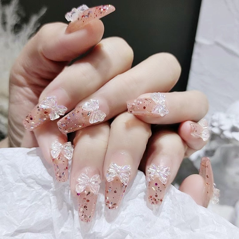 Autumn French False Nails with Butterfly Pearl Decor Bride Fake Nail Wearable Press on Nails Coffin Ballet Nail Tips for Girls