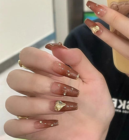 Autumn French False Nails with Butterfly Pearl Decor Bride Fake Nail Wearable Press on Nails Coffin Ballet Nail Tips for Girls