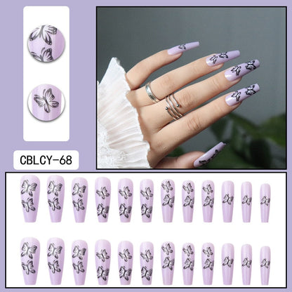 Black Comic Hand Drawn Pattern Wearable Nail Art Glossy Purple Long Ballet Detachable Finished False Nails Press on Nails