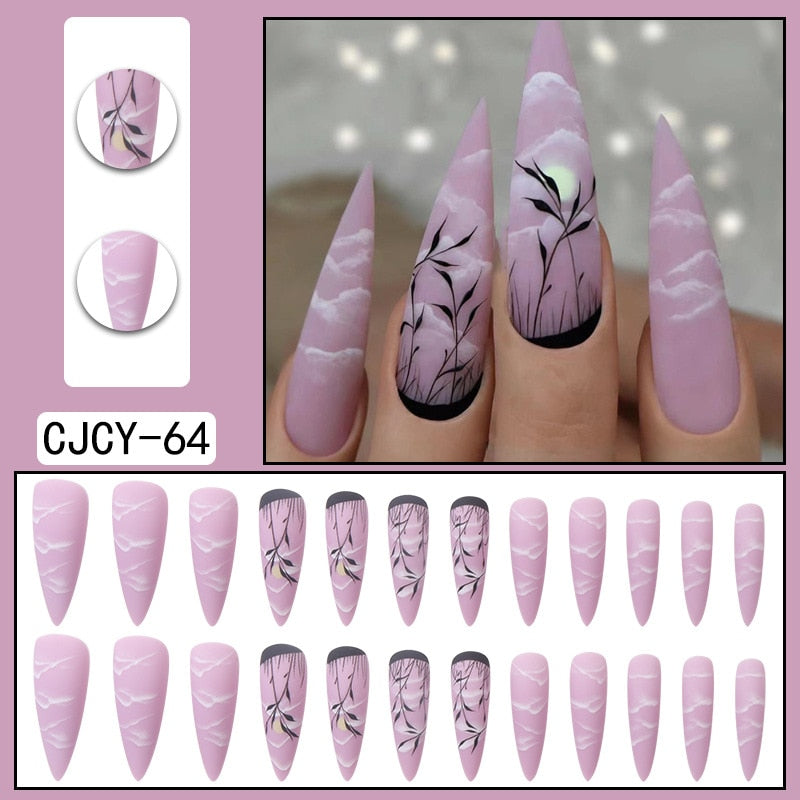Black Comic Hand Drawn Pattern Wearable Nail Art Glossy Purple Long Ballet Detachable Finished False Nails Press on Nails