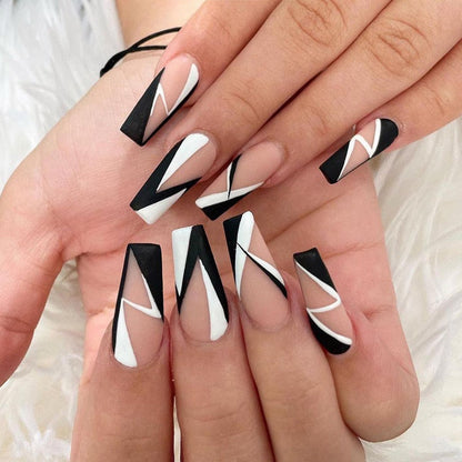 Black Comic Hand Drawn Pattern Wearable Nail Art Glossy Purple Long Ballet Detachable Finished False Nails Press on Nails